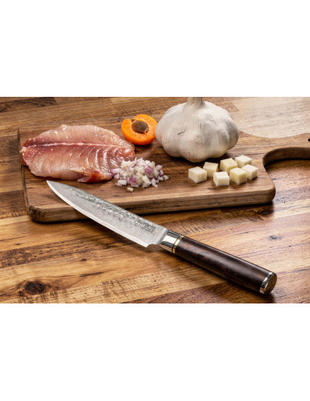 13cm Fukito Ebony Damascus hammered utility knife