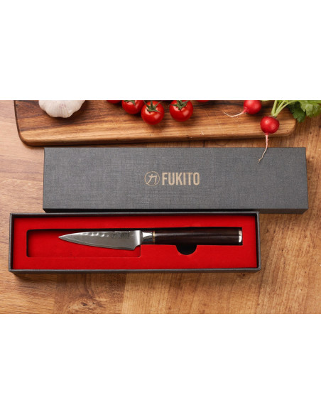 Fukito 9cm Ebony Hammered Damascus paring knife
