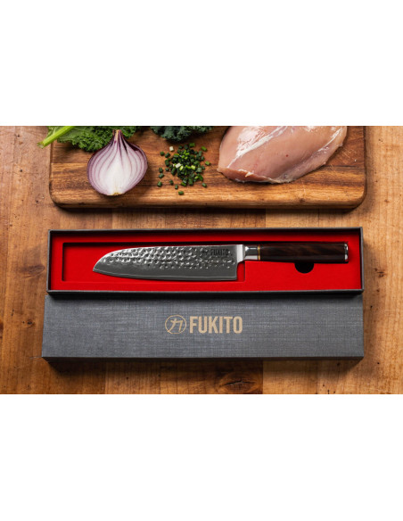 17 cm Fukito Ebony Damascus hamret santoku-kniv i ibenholt