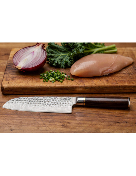 17 cm Fukito Ebony Damascus hamret santoku-kniv i ibenholt