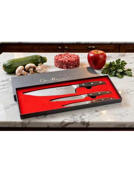 Caja de 3 cuchillos Guillaume Leonard Cuistot de acero inoxidable y sándalo rojo Chef + Office + Universal