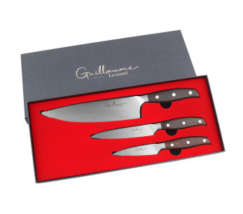 Doos met 3 Guillaume Leonard Cuistot messen van roestvrij staal en rood sandelhout Chef + Office + Universal