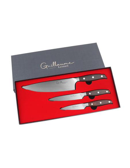 Scatola di 3 coltelli Guillaume Leonard Cuistot in acciaio inox e legno di sandalo rosso Coltello da chef + ufficio + universale