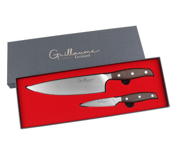 Conjunto de 2 facas Guillaume Leonard Cuistot em aço inoxidável e sândalo vermelho para cozinheiro + escritório