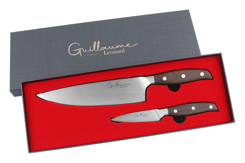 Conjunto de 2 facas Guillaume Leonard Cuistot em aço inoxidável e sândalo vermelho para cozinheiro + escritório