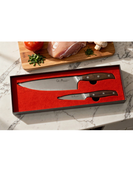 Conjunto de 2 facas Guillaume Leonard Cuistot em aço inoxidável e sândalo vermelho para cozinheiro + escritório