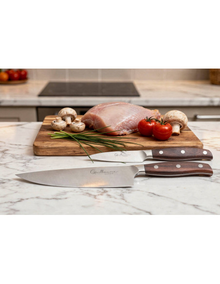 Conjunto de 2 facas Guillaume Leonard Cuistot em aço inoxidável e sândalo vermelho para cozinheiro + escritório