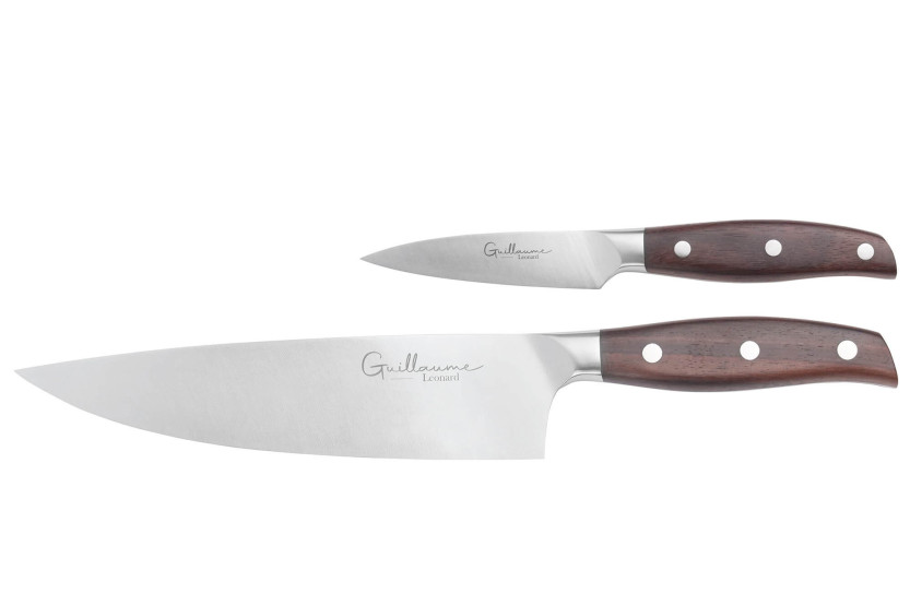 Set of 2 Guillaume Leonard Cuistot stainless steel and red sandalwood Chef + Office knives