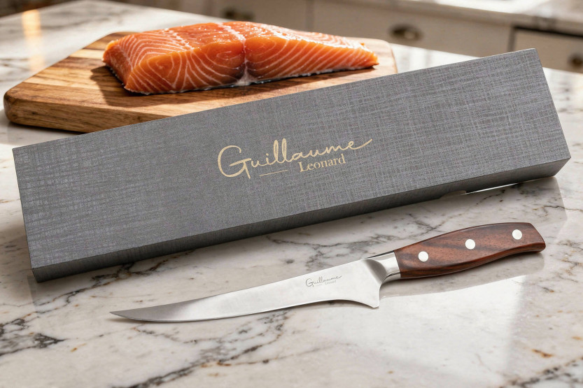 Cuchillo para filete de lenguado Guillaume Leonard Cuistot 18cm en acero inoxidable y sándalo rojo