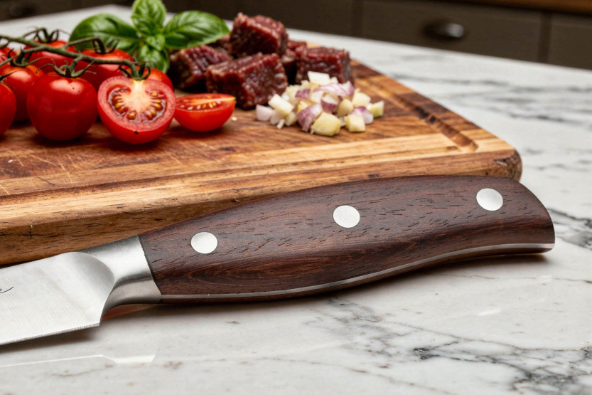 Guillaume Leonard Cuistot 13 cm universalkniv i rustfrit stål og rødt sandeltræ