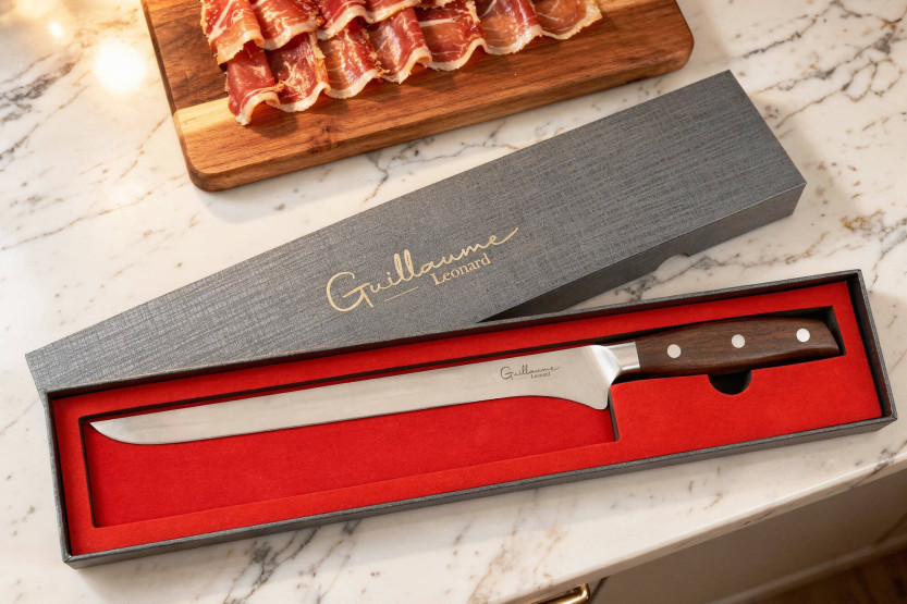 Guillaume Leonard Cuistot 25cm ham knife in stainless steel and red sandalwood