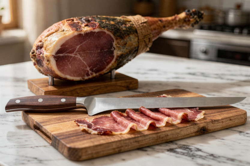 Coltello da prosciutto Guillaume Leonard Cuistot 25 cm in acciaio inox e legno di sandalo rosso