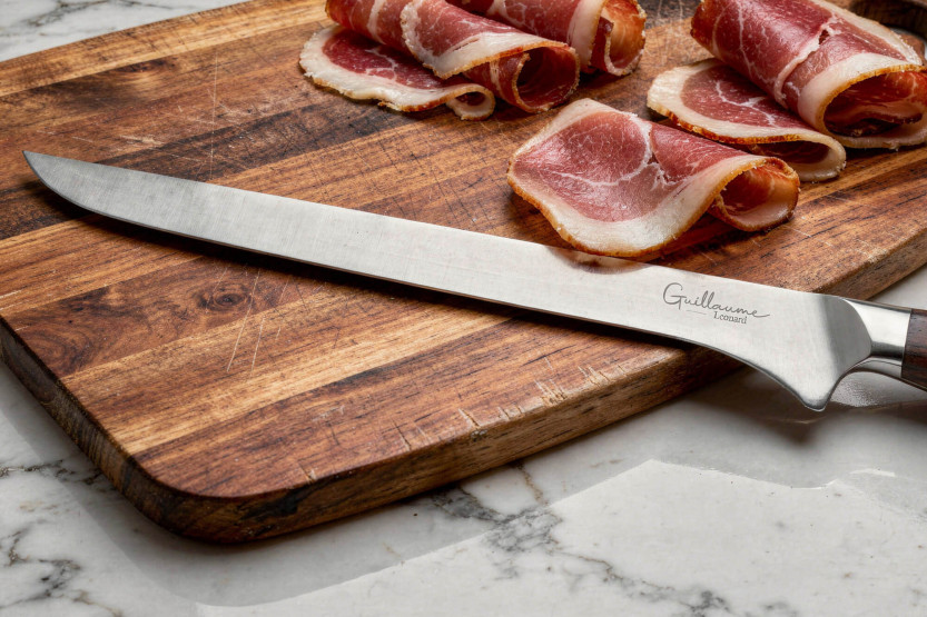 Guillaume Leonard Cuistot 25cm ham knife in stainless steel and red sandalwood