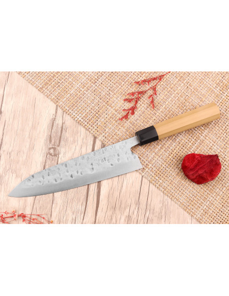 Coltello da cuoco giapponese Fujiwara Maboroshi 21 cm fatto a mano con manico in magnolia