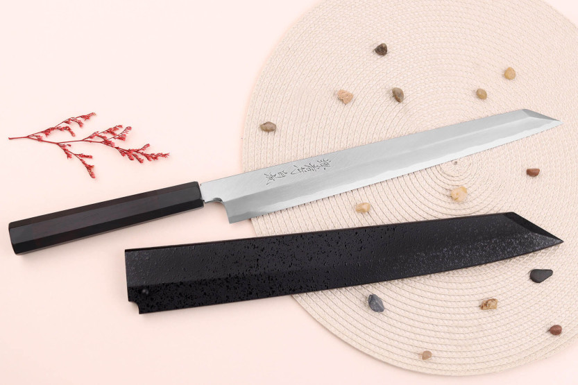 Sakai Takayuki Byakko 33 cm coltello giapponese yanagiba kiritsuke fatto a mano manico in ebano + fodero