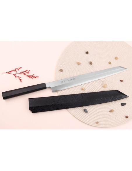 Japanisches Yanagiba-Kiritsuke-Messer 33cm Sakai Takayuki Byakko Griff aus Ebenholz + Etui