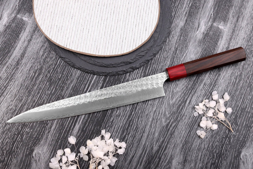Yoshimi Kato Minamo SG2 Tsuchime 27cm cuchillo japonés hecho a mano sujihiki