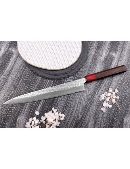 Japanisches handgefertigtes Sujihiki-Messer Yoshimi Kato Minamo SG2 Tsuchime 27cm