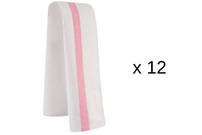 Sett med 12 Robur Taoste kjøkkenhåndklær 70x50 cm i hvit og rosa 100 % bomull