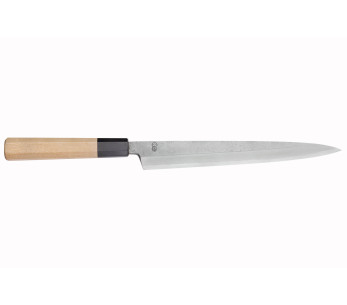 Faca Sakai Kikumori Kikuzuki Rin 24cm artesanal japonesa yanagiba