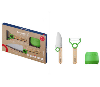 Opinel Le Petit Chef veitsi + kuorimaveitsi + sormisuojus setti - vihreä