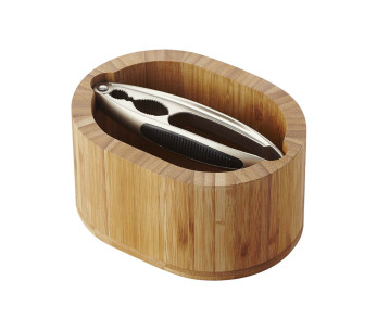Conjunto de quebra-nozes oval em bambu e recipiente com marca de vírgula