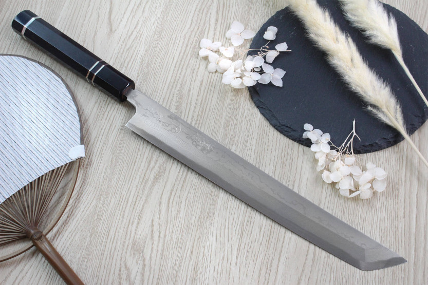 Naoki Mazaki Damasco 27cm biselado sakimaru takohiki cuchillo artesanal japonés