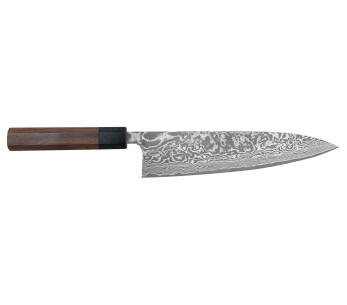 Faca de chef japonesa Takeshi Saji R2 Nickel Damascus 21cm feita à mão