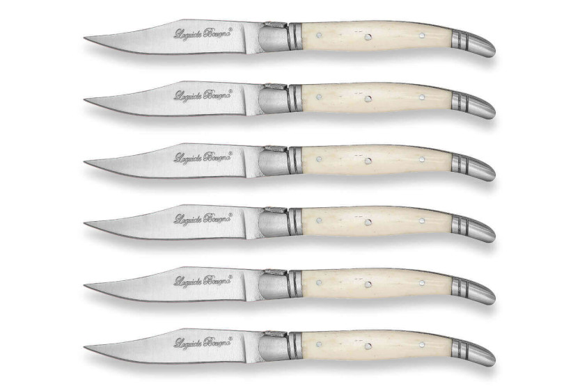 Gaveeske med 6 Laguiole Bougna bordkniver, beinhåndtak