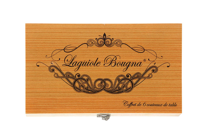 Geschenkdoos met 6 Laguiole Bougna tafelmessen, benen handvat