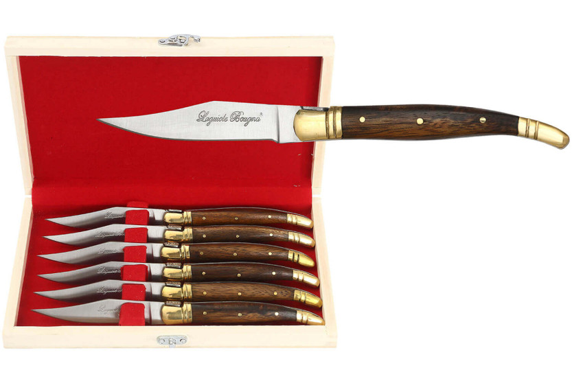 Geschenkset mit 6 Laguiole Bougna Tafelmessern mit Holzgriffen