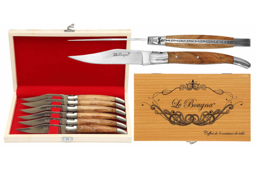 Estuche regalo de 6 cuchillos de mesa Le Bougna con mango de teca