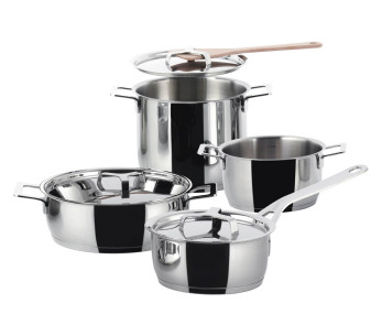 Batería de cocina Alessi Pots&Pans 7 piezas de acero inoxidable 18/10 diseñada por Jasper Morrison