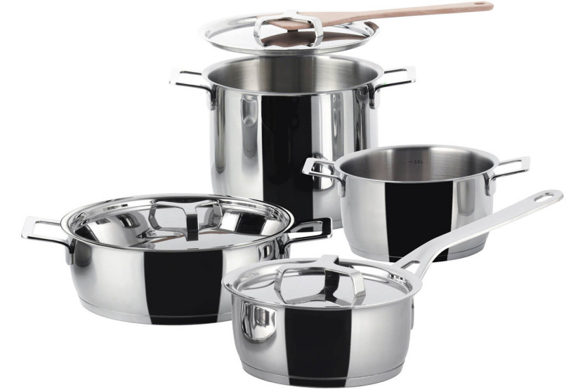 Alessi Pots&Pans 7-osainen Jasper Morrisonin suunnittelema ruostumattomasta teräksestä valmistettu 18/10 keittoastiasarja.