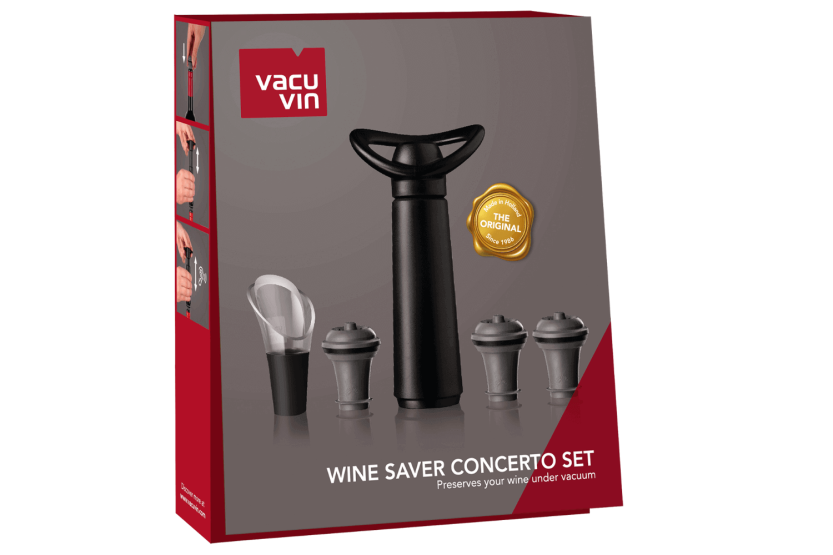 Concerto vacuümpomp + 3 stoppen + 1 druppelvrije schenktuit Vacu Vin noir