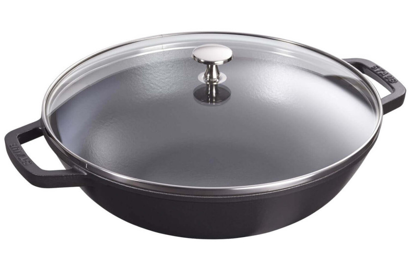 Wok de ferro fundido Staub 30cm com tampa de vidro + grelhador