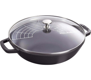 Staub gjutjärnswok 30cm med glaslock + grill 2