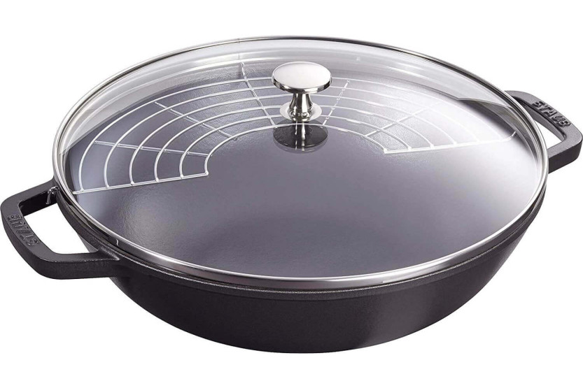 Wok de ferro fundido Staub 30cm com tampa de vidro + grelhador