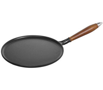 Frigideira para crepes em ferro fundido esmaltado STAUB, preta 28 cm com pega de madeira + 1 espátula + 1 espátula
