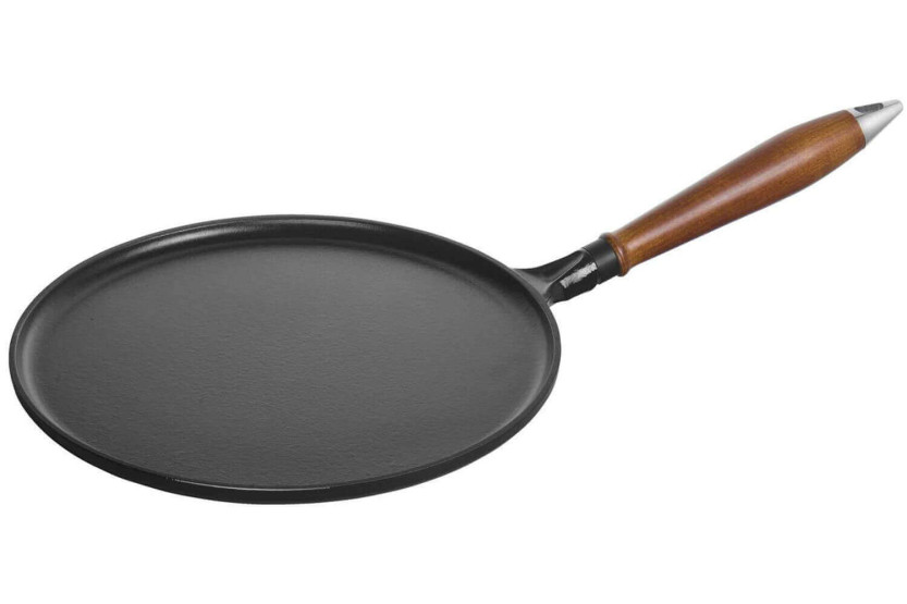 Crêpepfanne aus emailliertem Gusseisen STAUB schwarz 28cm Holzgriff + 1 Spatel + 1 Verteiler