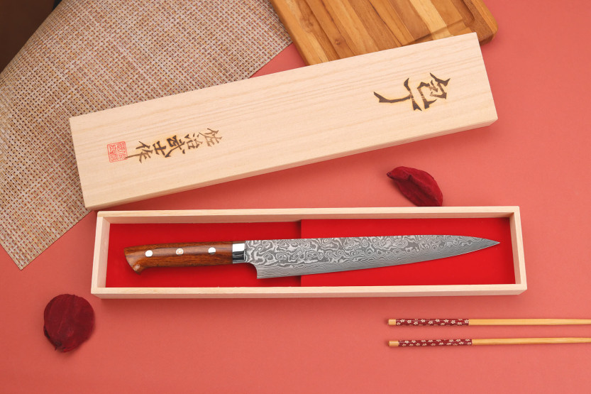 Takeshi Saji R2 Damaskus Mosaic 24 cm japansk sujihiki-kniv