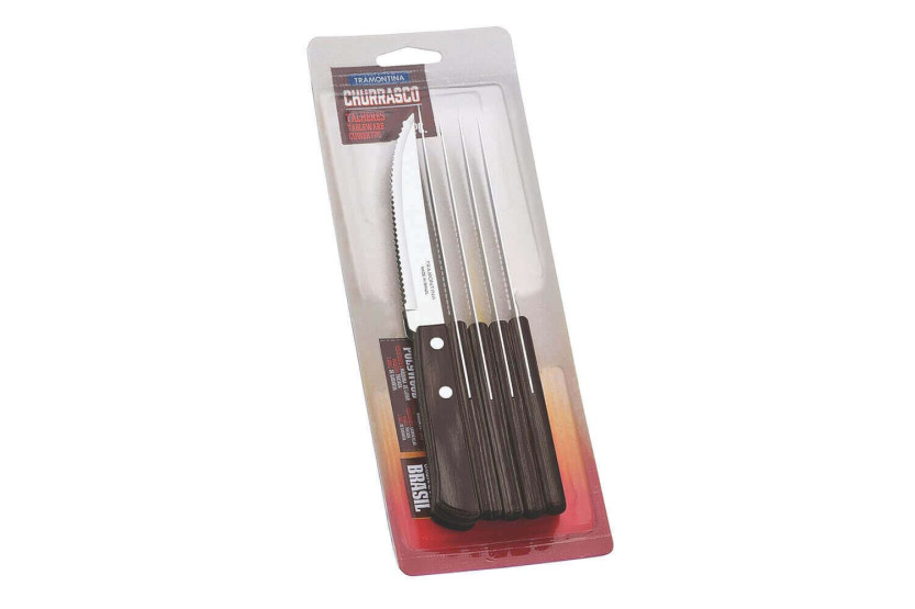 Juego de 6 cuchillos Tramontina para bistec, hoja dentada de 11 cm, mango marrón
