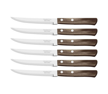 Sett med 6 Tramontina biffkniver, 11 cm takket blad, brunt skaft