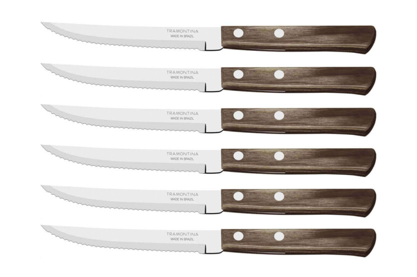 Juego de 6 cuchillos Tramontina para bistec, hoja dentada de 11 cm, mango marrón
