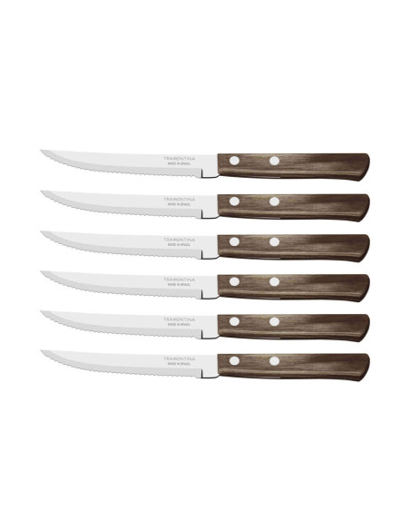 Juego de 6 cuchillos Tramontina para bistec, hoja dentada de 11 cm, mango marrón