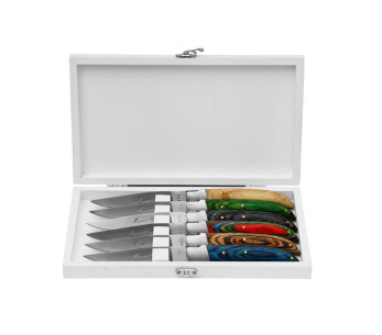 Boks med 6 Prestige Laguiole Bougna bordkniver med fargede trehåndtak