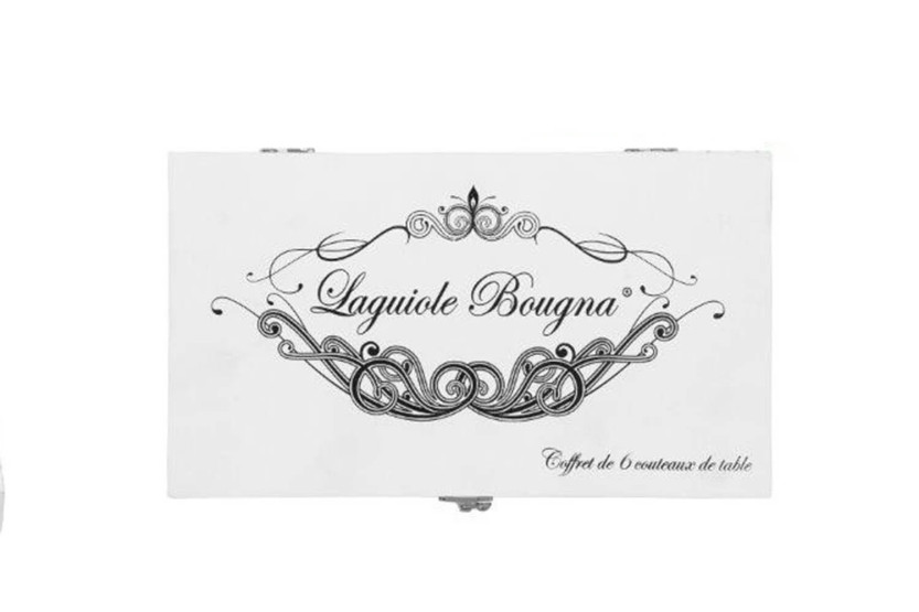 Doos met 6 Prestige Laguiole Bougna tafelmessen met uitgesneden benen heft