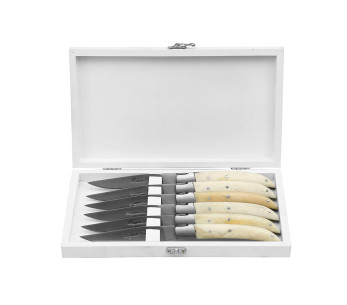 Messerset 6 Tafelmesser Prestige Laguiole Bougna Griffe aus bearbeitetem Knochen