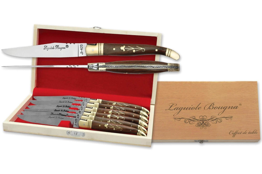 Estuche regalo de 6 cuchillos de mesa Laguiole Bougna con mango de palisandro