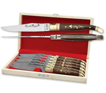 Geschenkdoos met 6 Laguiole Bougna tafelmessen met palissanderhouten handvatten
